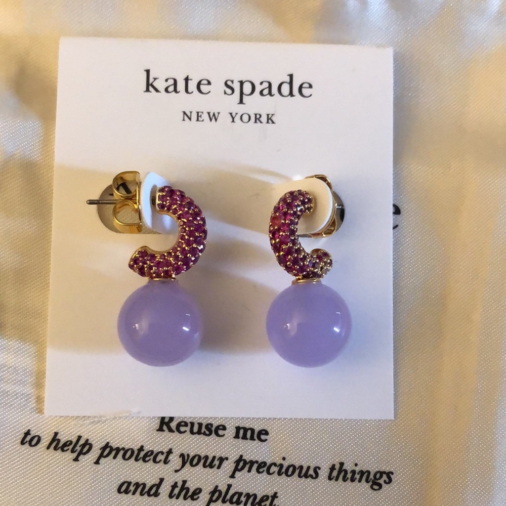 Kate Spade Showtime Huggie Hoop Earrings With Red Crystal & Purple Bead NWT - Picture 4 of 14